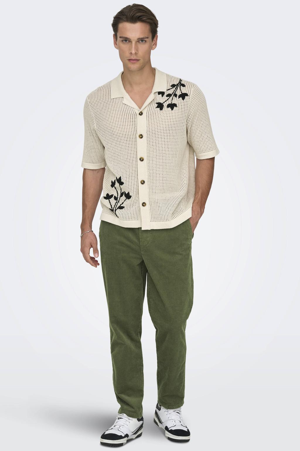 Ecru heren ONLY & SONS loose casual overhemd gebreid van katoen met printopdruk, korte mouwen, reverskraag en knoopsluiting