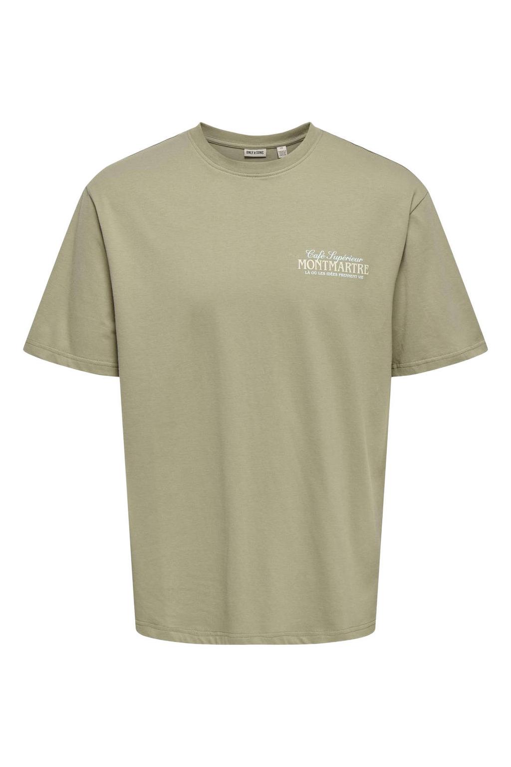 Groene heren ONLY & SONS relaxed T-shirt van katoen met backprint, korte mouwen en ronde hals