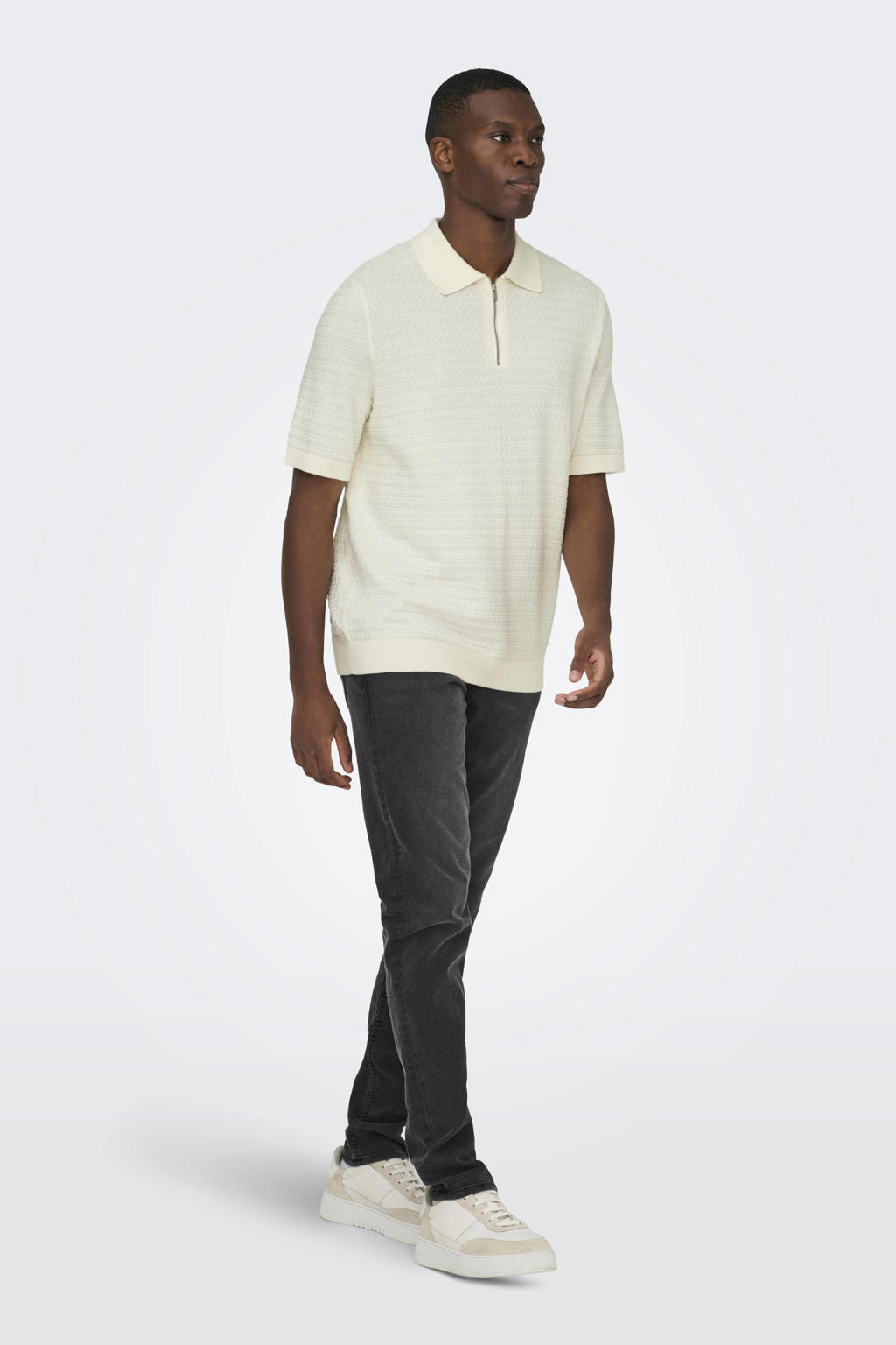 ONLY & SONS regular polo met ingebreid patroon ecru