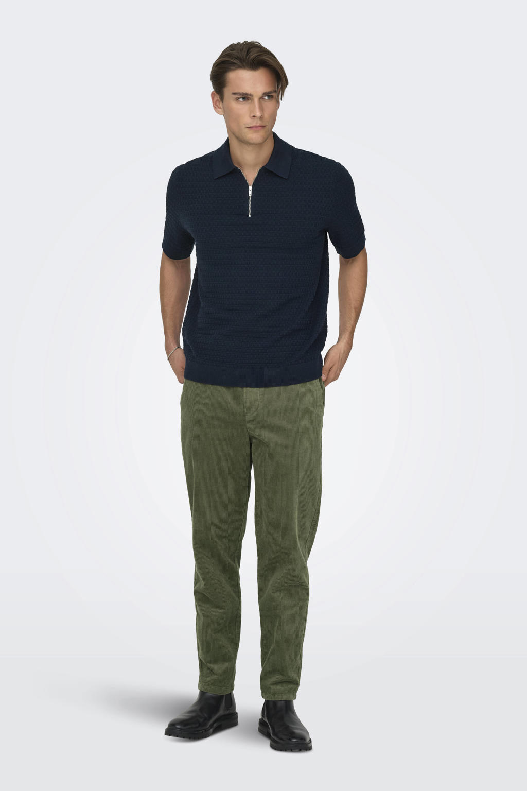 Donkerblauwe heren ONLY & SONS regular polo patroon met effen, korte mouwen, halve rits en geribde boorden