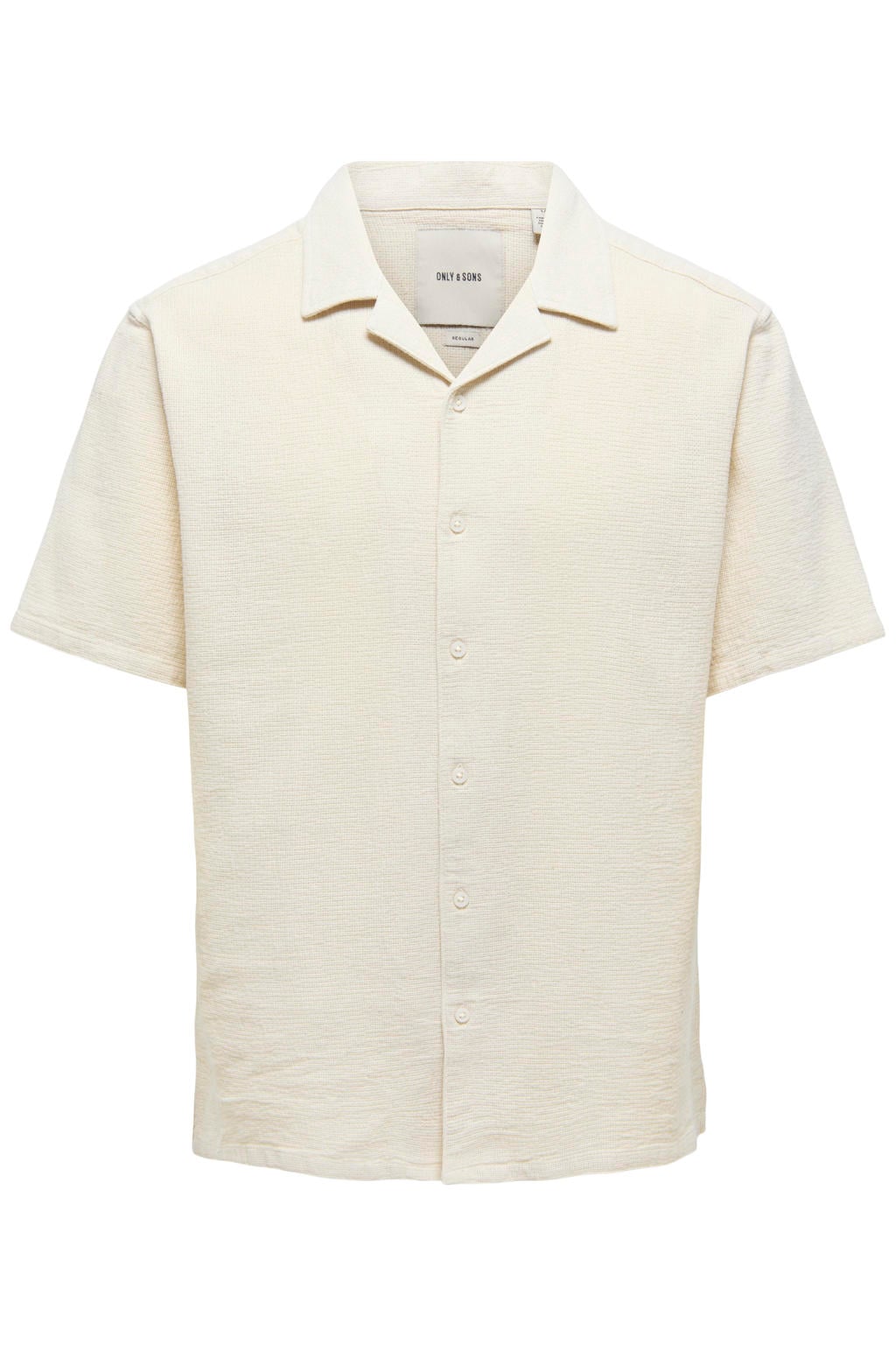 Ecru heren ONLY & SONS regular casual overhemd van katoen met effen, korte mouwen, reverskraag, knoopsluiting en geweven detail