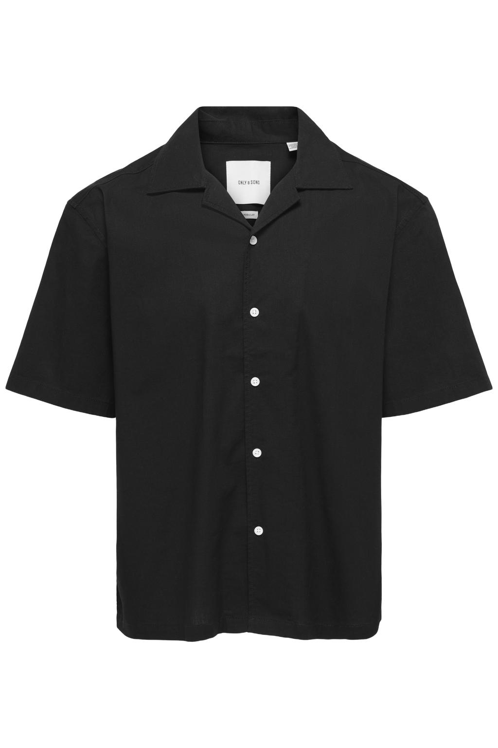 Zwarte heren ONLY & SONS regular casual overhemd van katoen met effen, korte mouwen, reverskraag en knoopsluiting