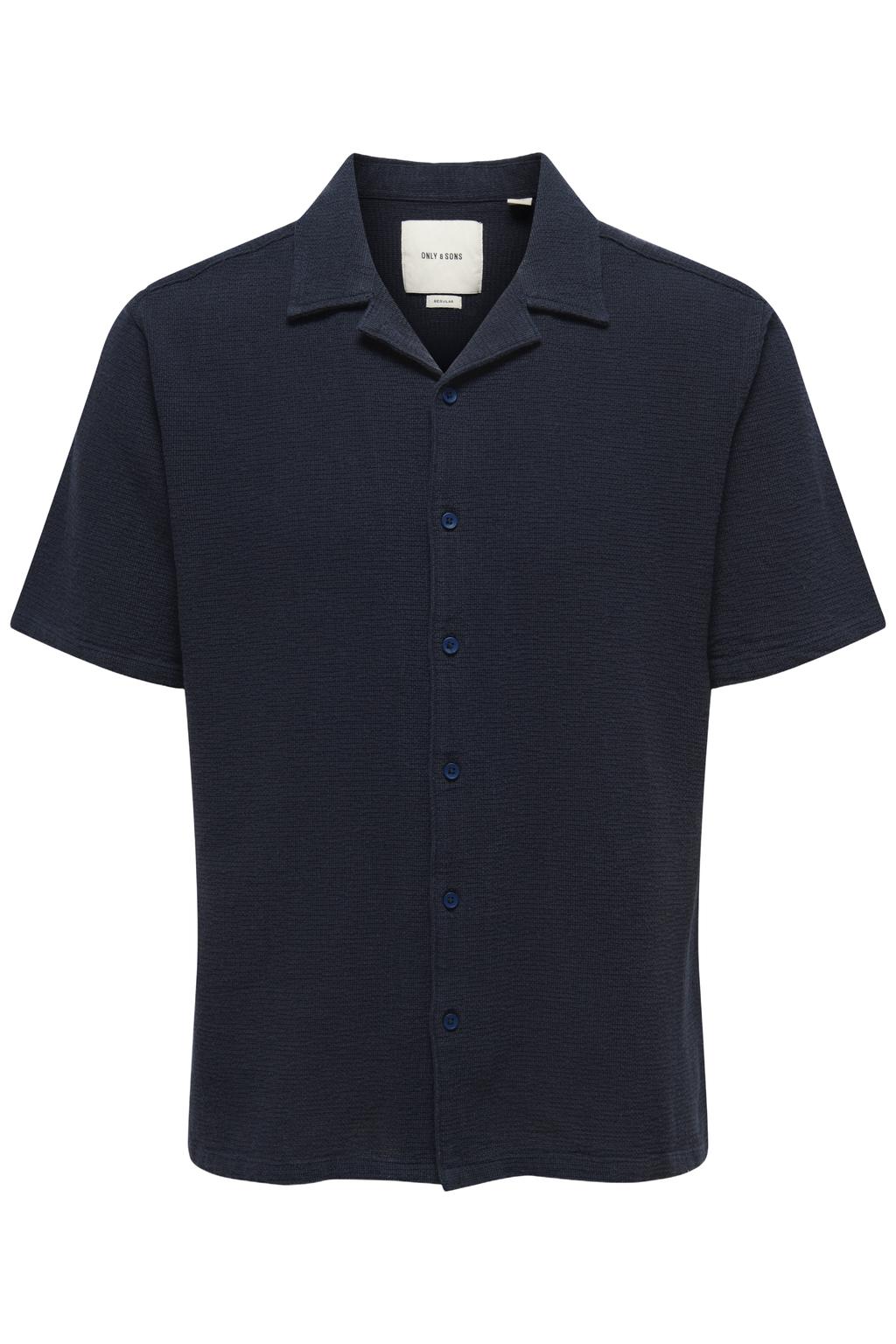 Donkerblauwe heren ONLY & SONS regular casual overhemd van katoen met effen, korte mouwen, reverskraag, knoopsluiting en geweven detail