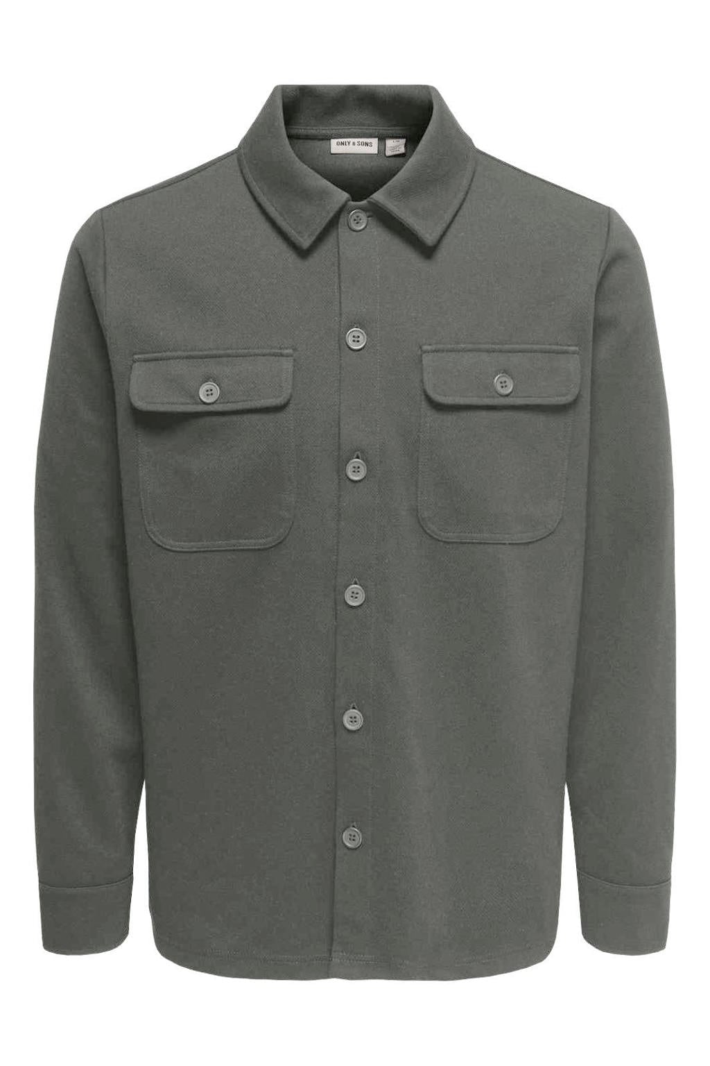 Grijsgroene heren ONLY & SONS overshirt groen van polyester met effen, lange mouwen, klassieke kraag en knoopsluiting