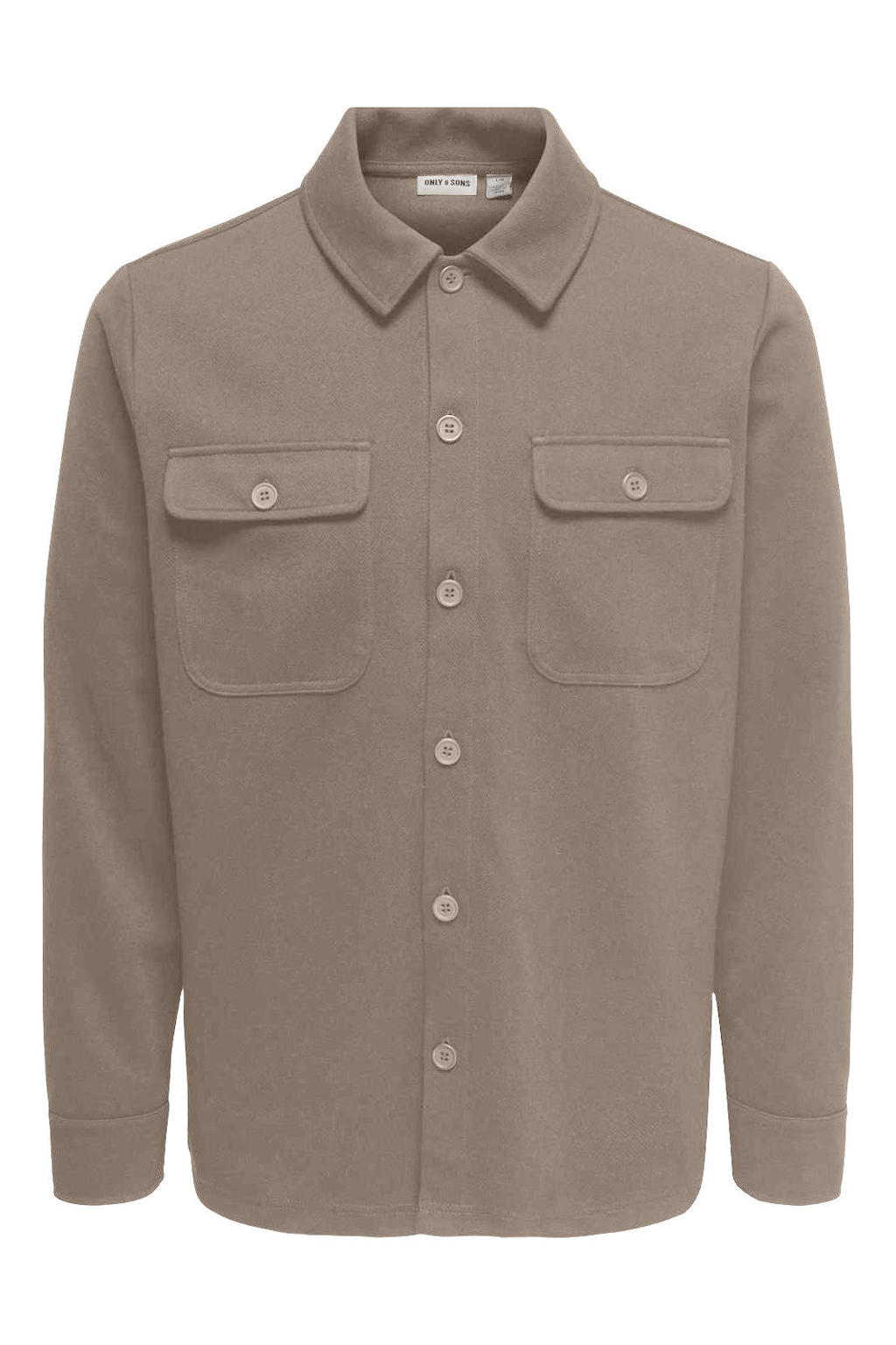 Lichtbruine heren ONLY & SONS overshirt van polyester met effen, lange mouwen, klassieke kraag en knoopsluiting