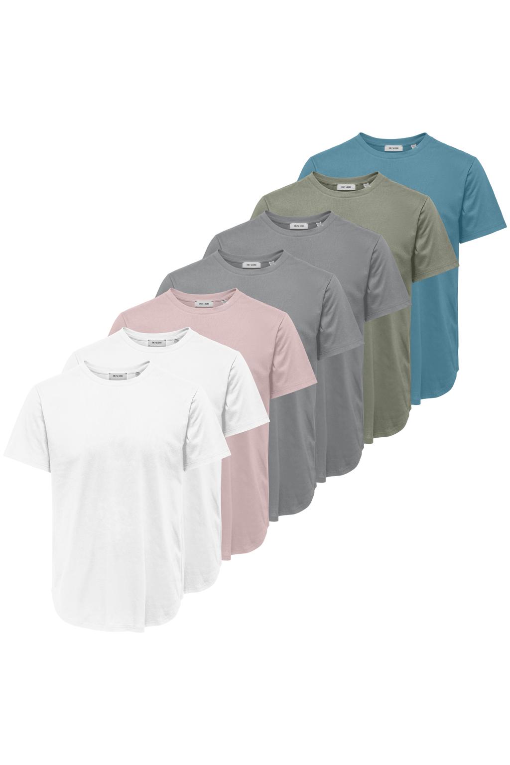 Multi en grey heren ONLY & SONS regular T-shirt set van 7 van katoen met effen, korte mouwen en ronde hals