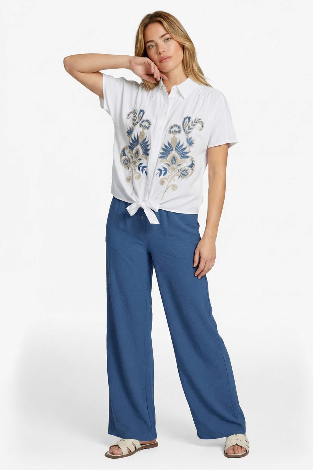 Blauwe dames CS the Label high waist broek van viscose met loose fit, elastische tailleband met koord en effen