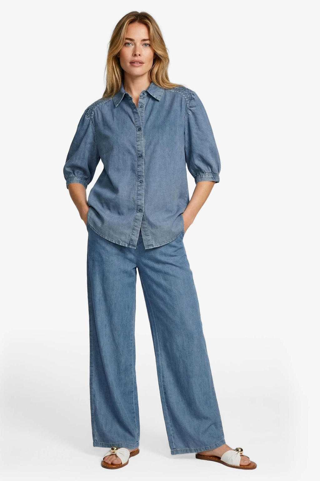 Medium blue denim dames CS the Label blouse van lyocell met effen, driekwart mouwen, klassieke kraag en knoopsluiting
