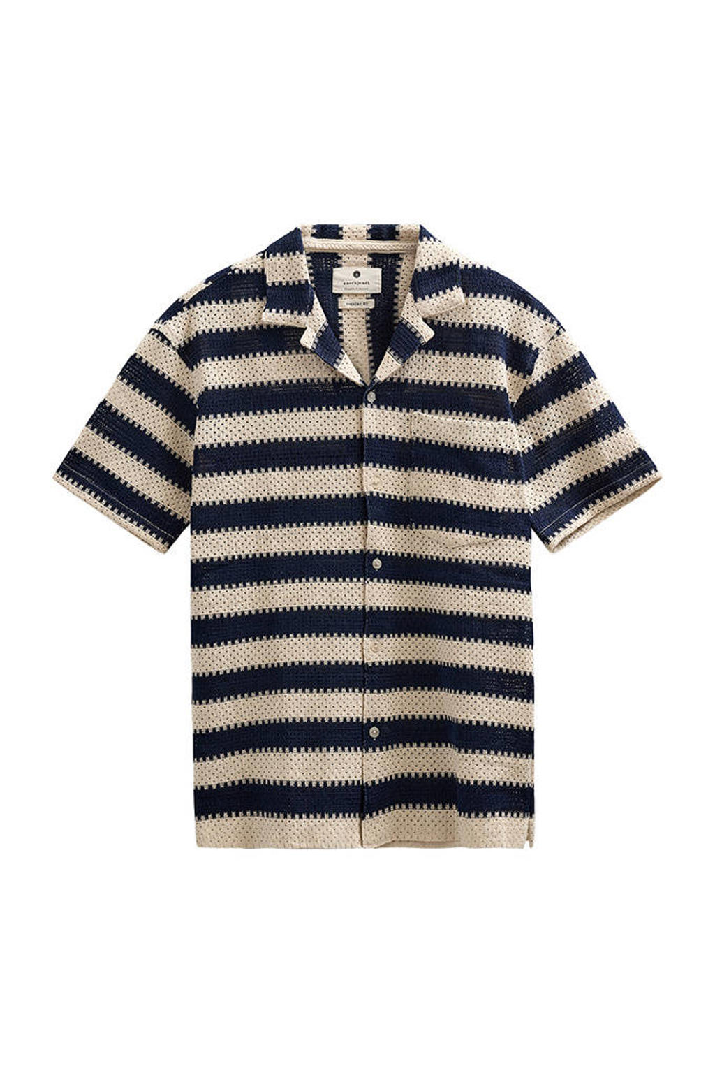 Beige heren Anerkjendt regular casual overhemd gehaakt van katoen met strepenprint, korte mouwen, reverskraag en knoopsluiting