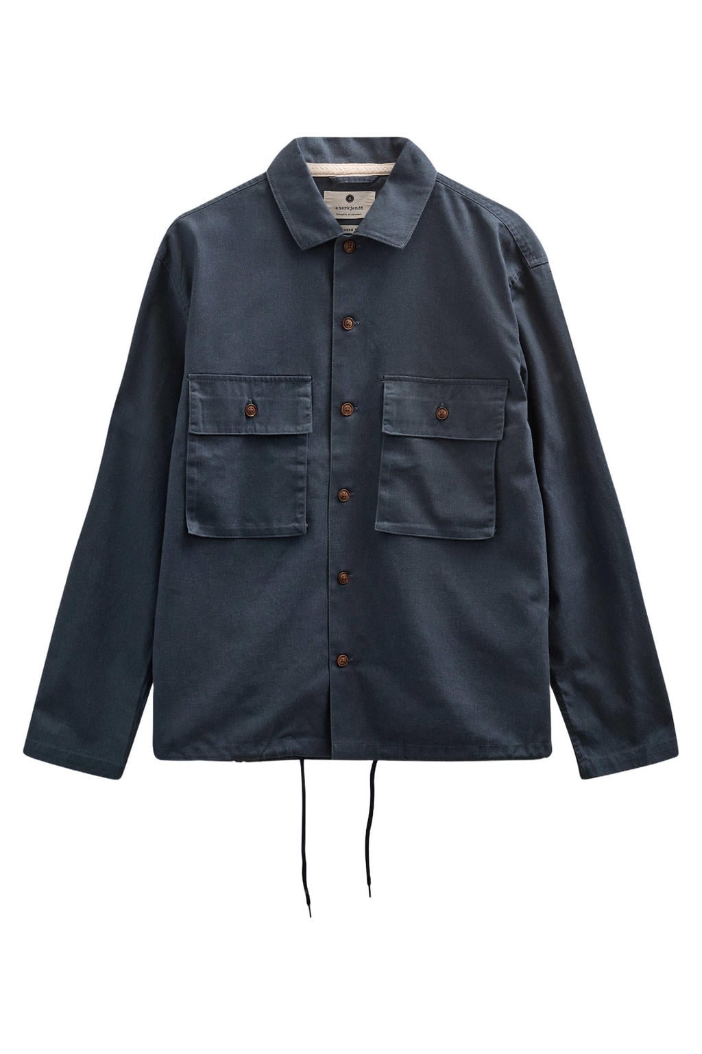 Donkerblauwe heren Anerkjendt overshirt van linnen met effen, lange mouwen, klassieke kraag, knoopsluiting en tunnelkoord