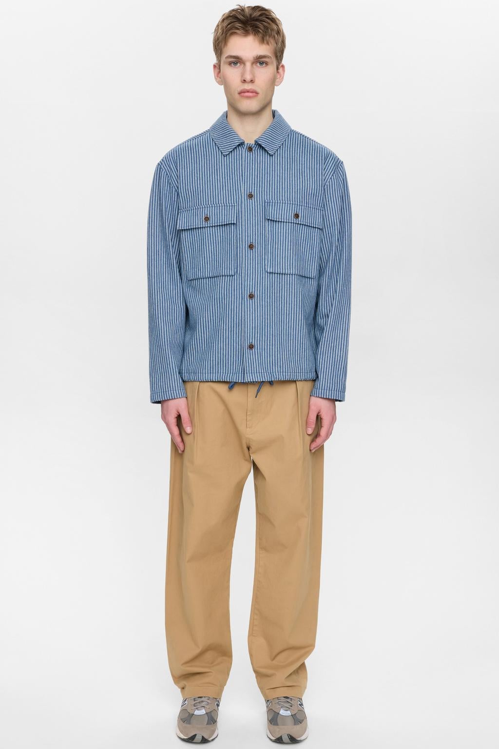 Blauwe heren Anerkjendt overshirt van katoen met strepenprint, lange mouwen, klassieke kraag en knoopsluiting