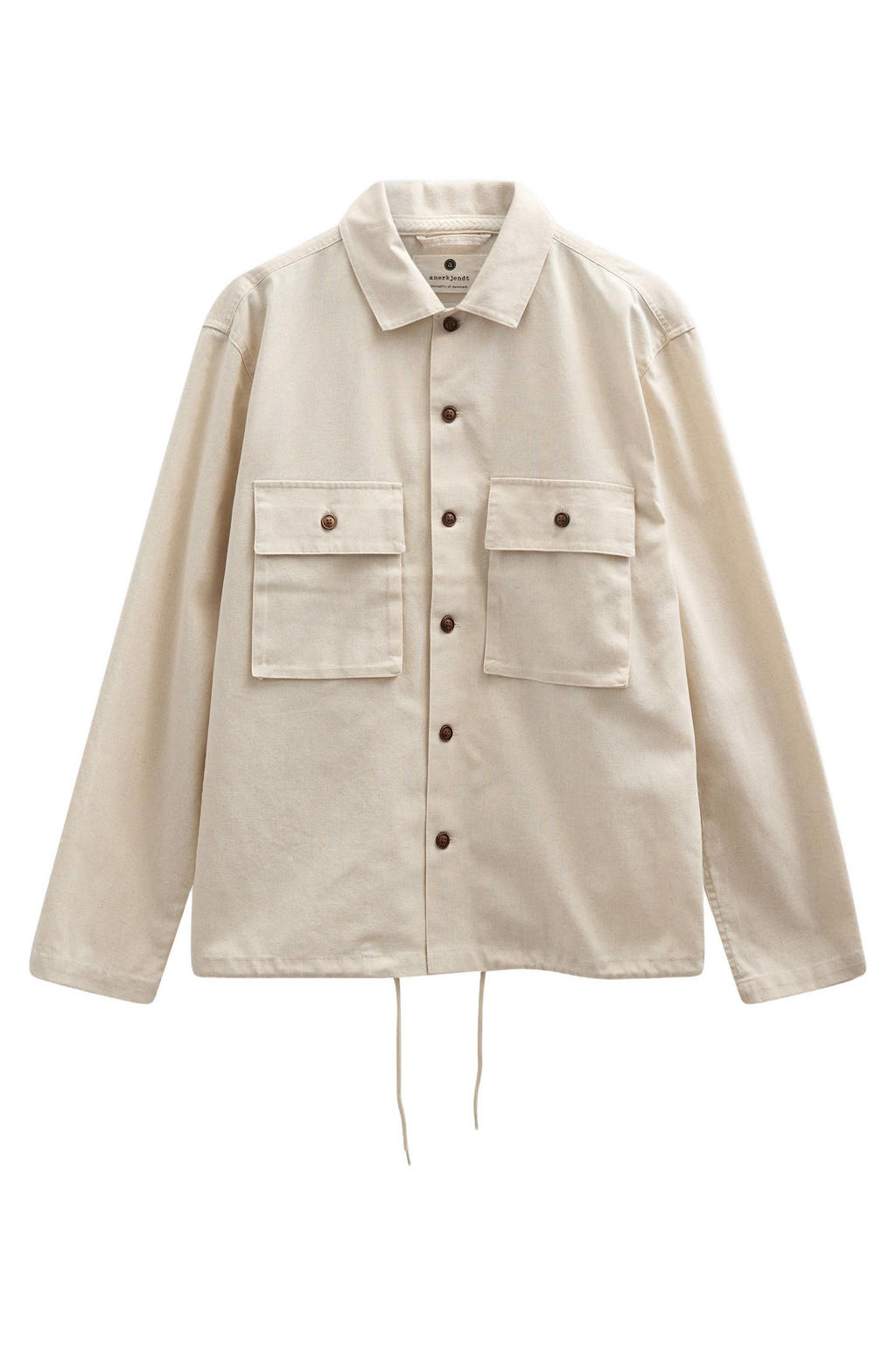 Beige heren Anerkjendt overshirt van linnen met effen, lange mouwen, klassieke kraag, knoopsluiting en tunnelkoord