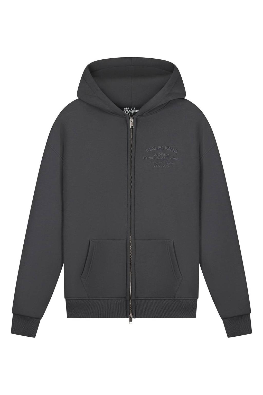 Grijze heren Malelions sweatvest met backprint, lange mouwen, capuchon en ritssluiting