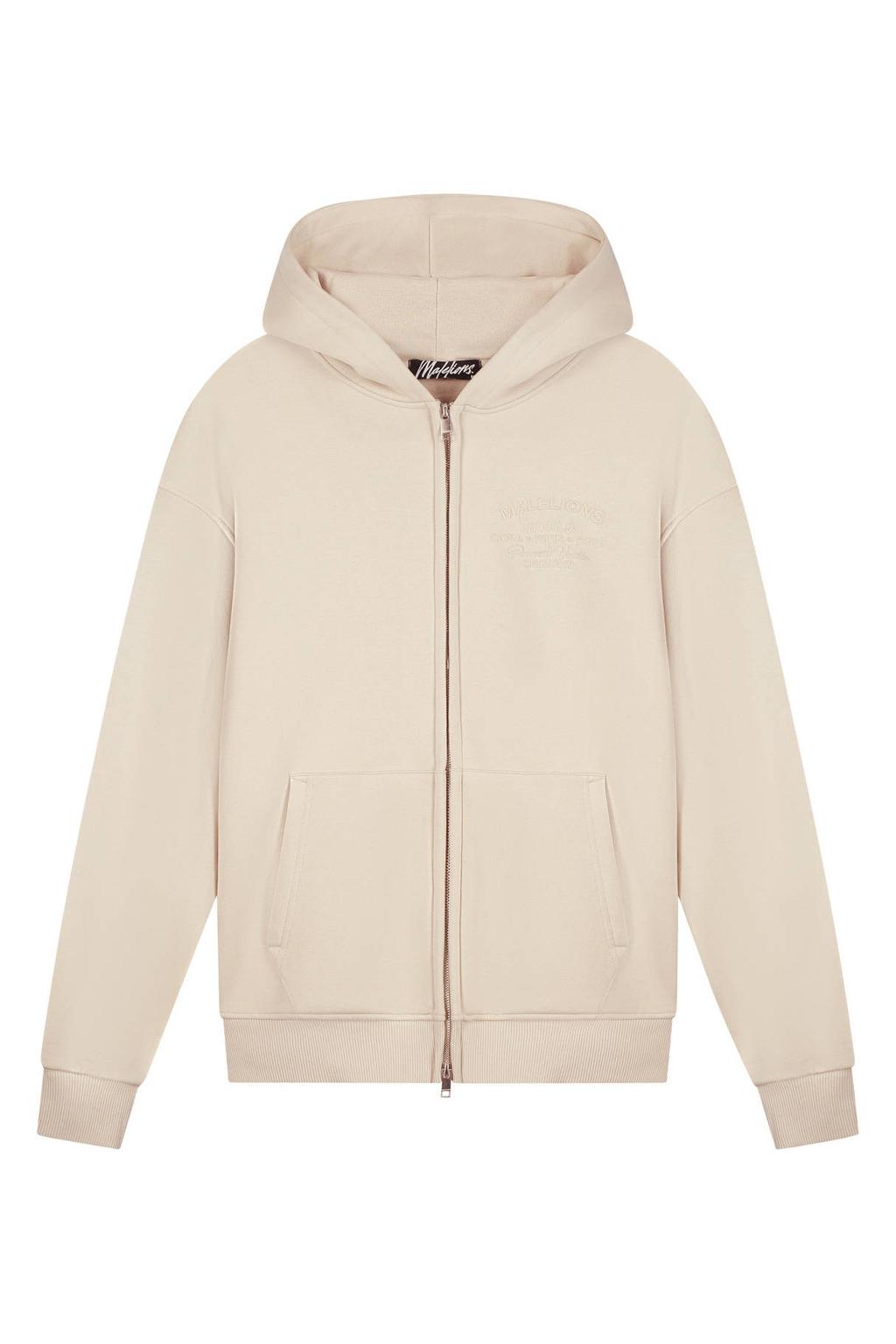 Beige heren Malelions sweatvest met backprint, lange mouwen, capuchon en ritssluiting