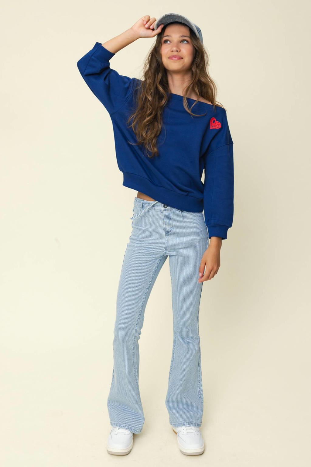 Lichtblauw en witte meisjes LOOXS 10sixteen gestreepte flared jeans van stretchdenim met regular waist en rits- en knoopsluiting