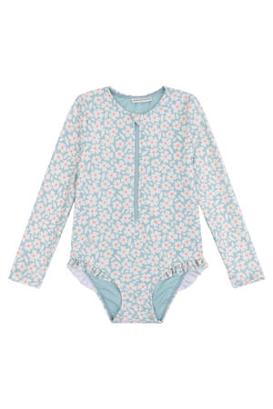 UV badpak met bloemenprint lichtblauw/roze