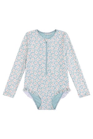 UV badpak met bloemenprint lichtblauw/roze