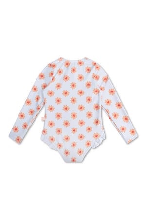 UV badpak met bloemenprint lichtblauw/oranje