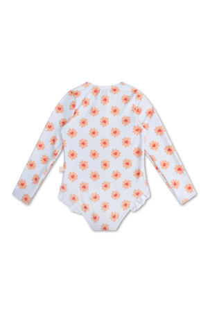 UV badpak met bloemenprint lichtblauw/oranje