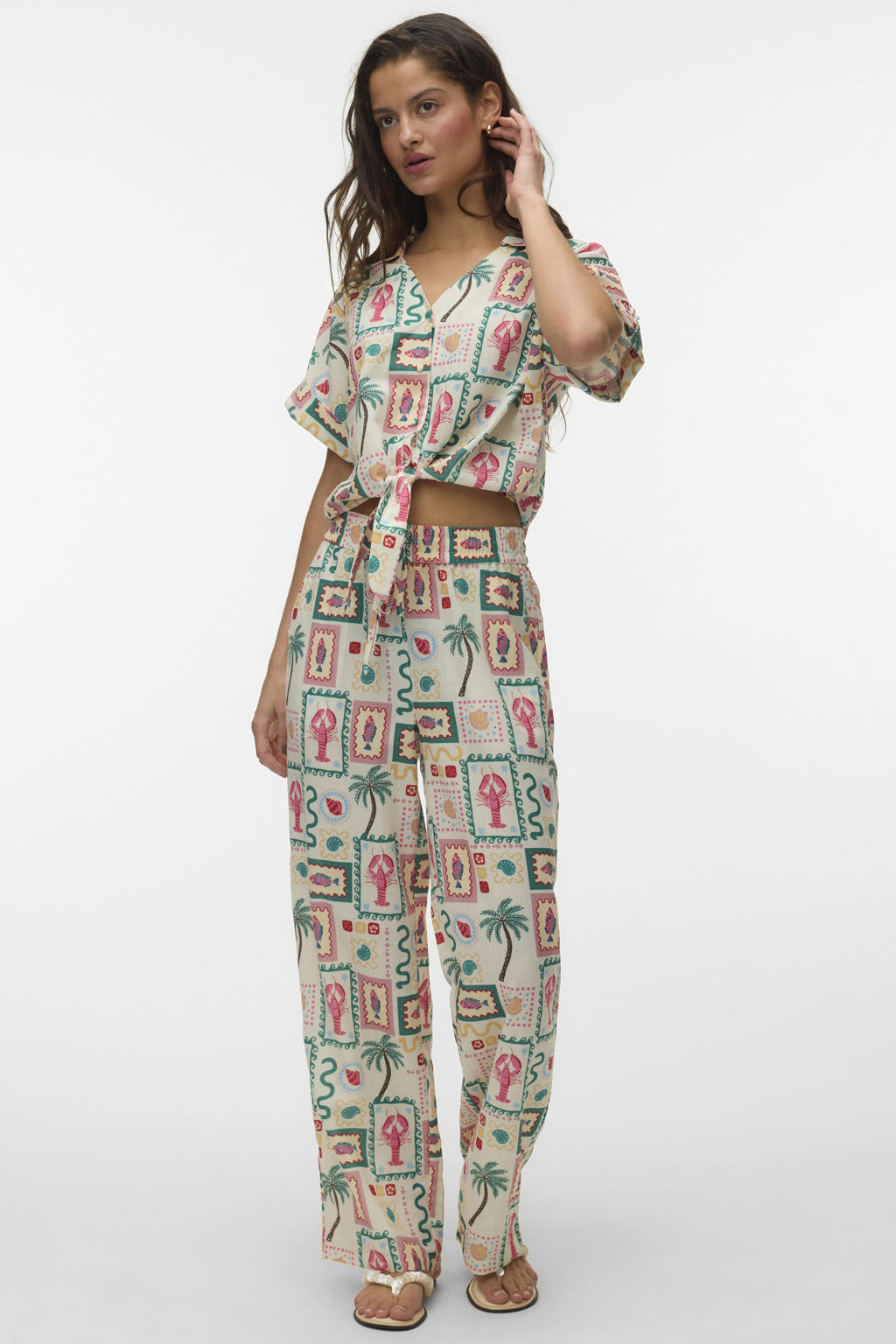 Multikleurige dames VERO MODA high waist casual broek van polyester met loose fit en elastische tailleband met koord