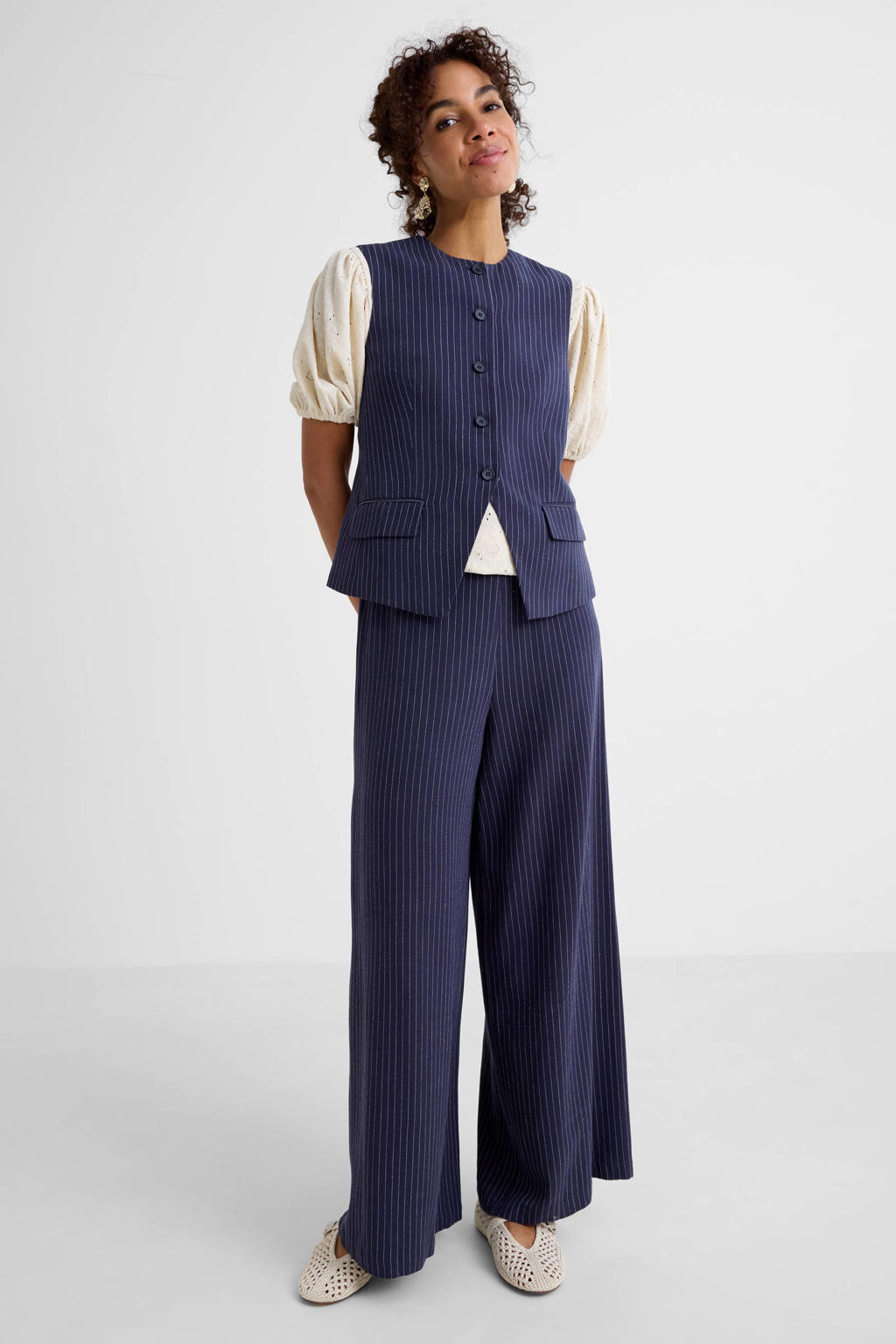 Marineblauw dames Ruby broek krijtstreep van viscose met wijde pijpen, high waist en elastische tailleband