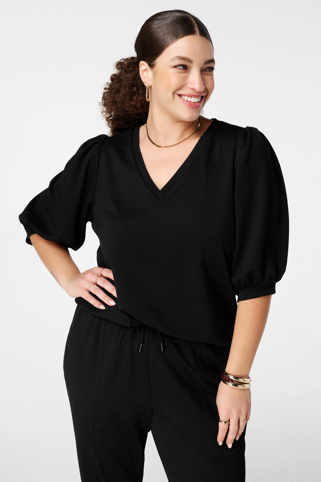Zwarte dames MS Mode top van polyester met effen, korte mouwen en V-hals