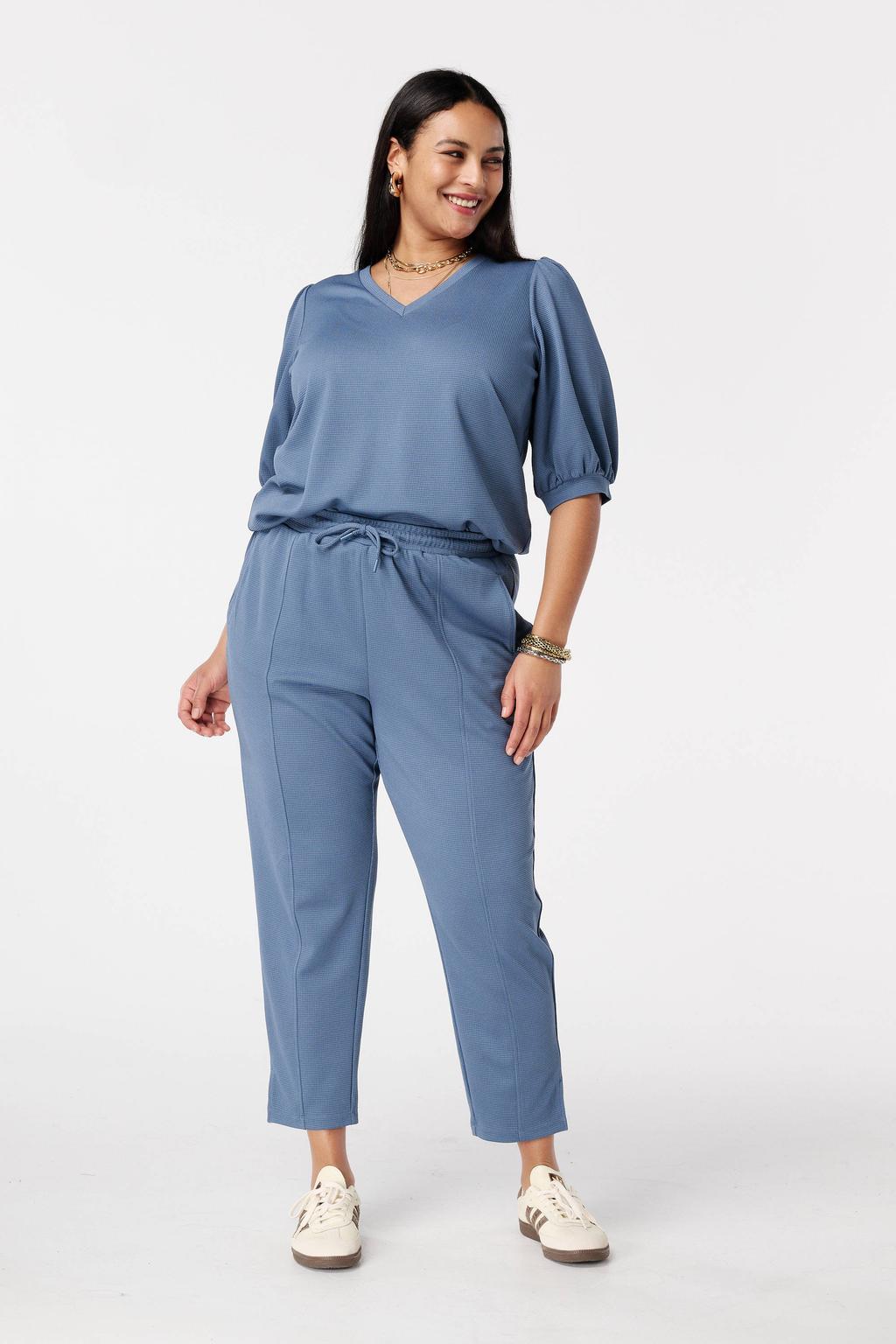 Grijsblauwe dames MS Mode top blauw van polyester met effen, korte mouwen en V-hals