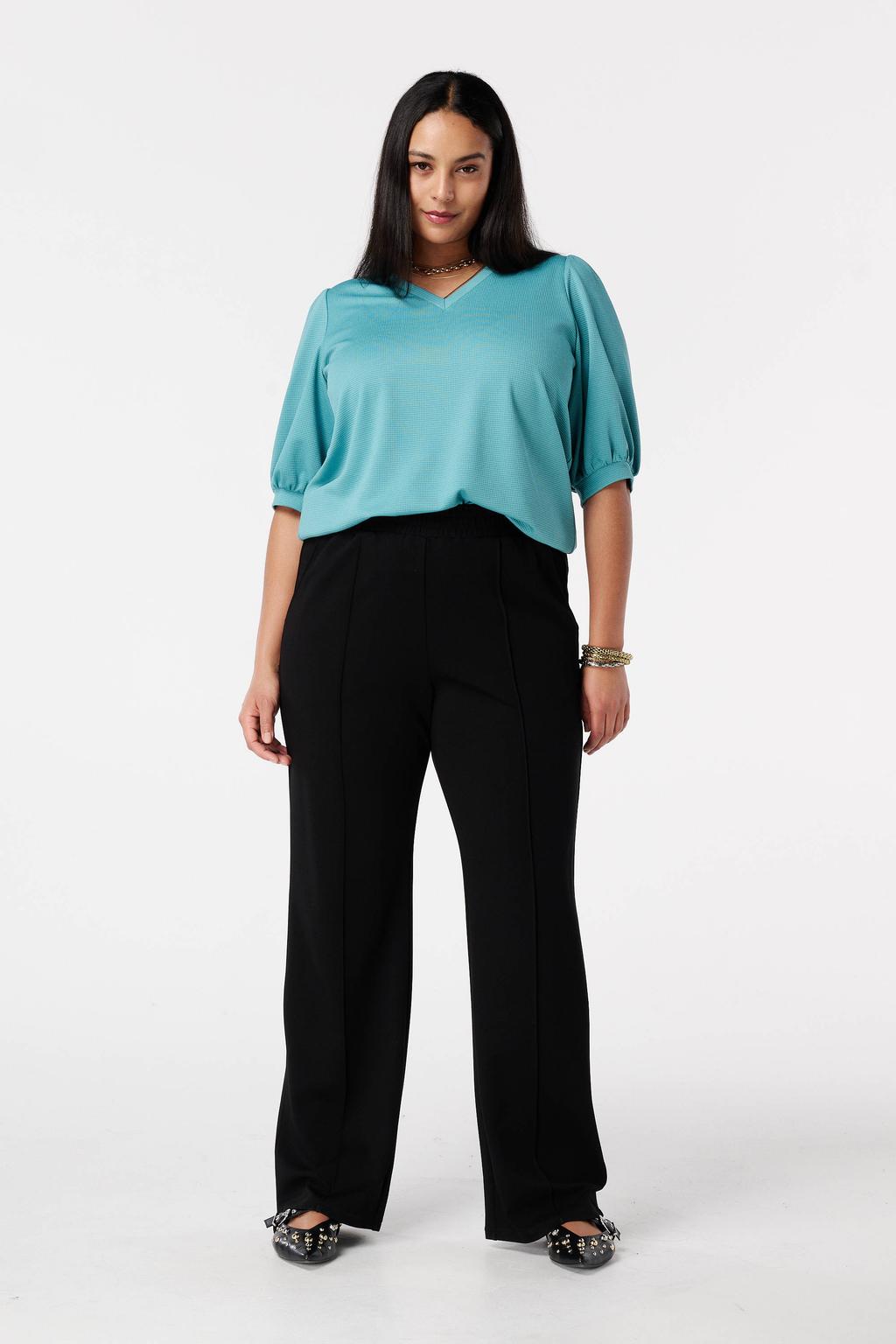 Petrolkleurige dames MS Mode top van polyester met effen, korte mouwen en V-hals