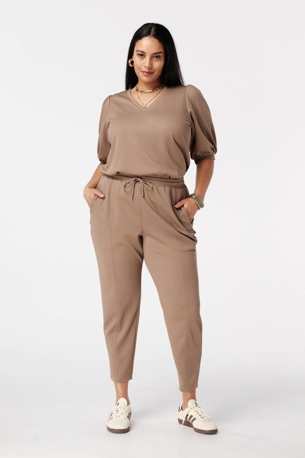 Taupe dames MS Mode top van polyester met effen, korte mouwen en V-hals