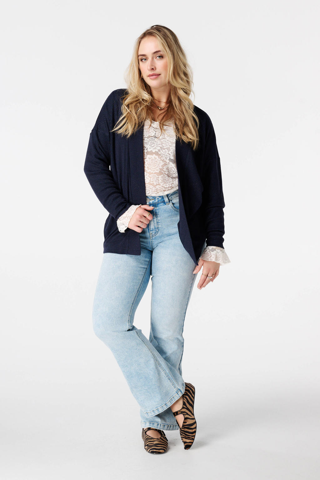 Donkerblauwe dames MS Mode gebreid vest van viscose met effen, lange mouwen en klassieke kraag