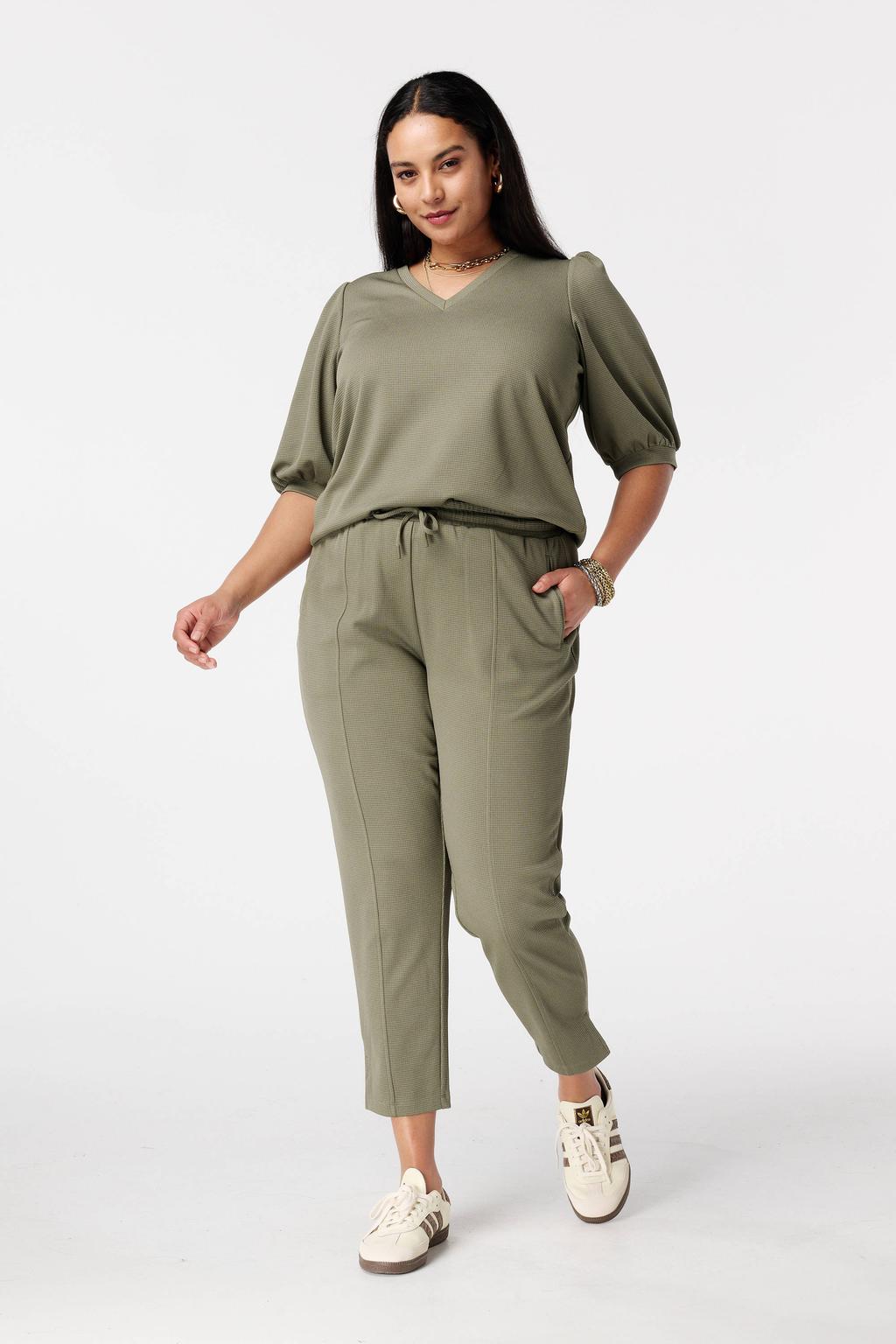 Kakikleurige dames MS Mode top van polyester met effen, korte mouwen en V-hals