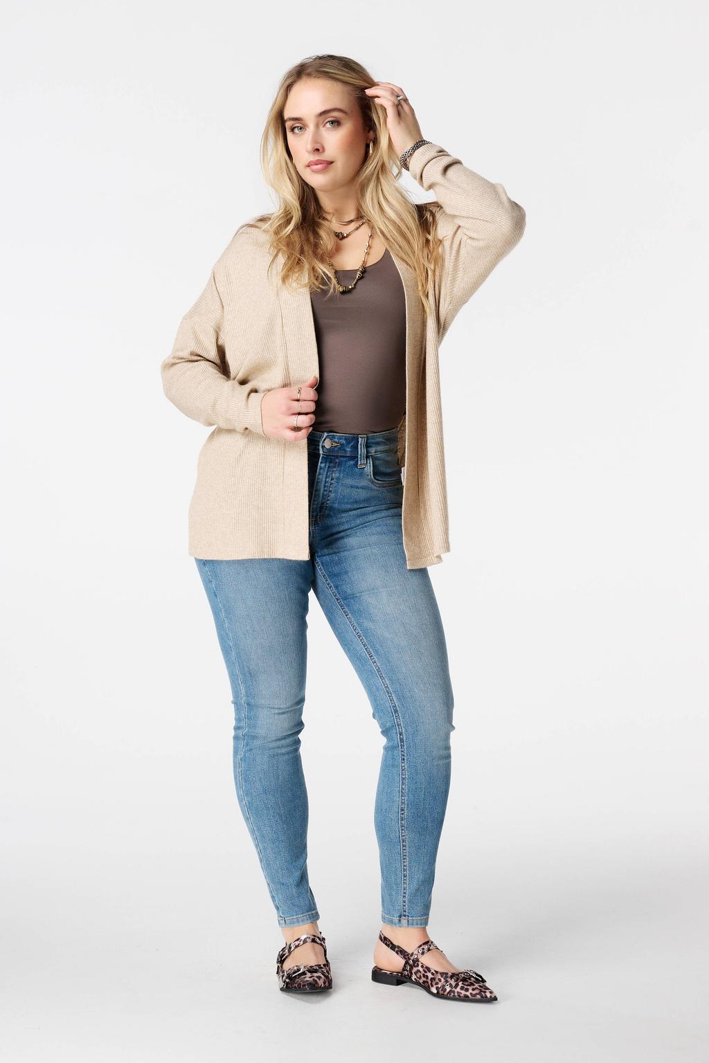 Zandkleurige dames MS Mode gebreid vest van viscose met effen, lange mouwen en klassieke kraag