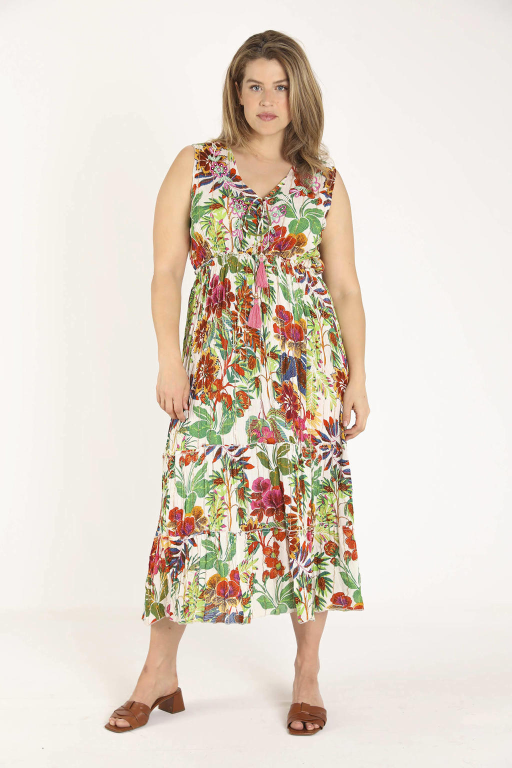 Multikleurige dames Paprika gebloemde maxi jurk van viscose met V-hals
