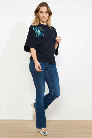 gebloemde gebreide trui donkerblauw met pailletten