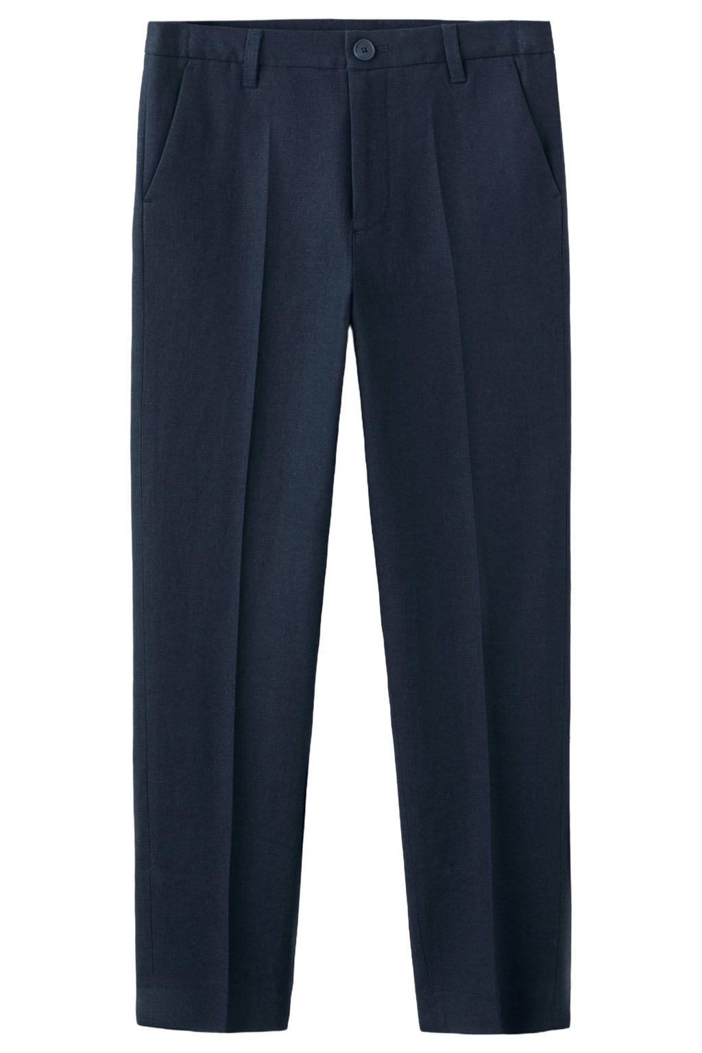 Marineblauw jongens Mango Kids linnen pantalon blauw met rits- en knoopsluiting en effen