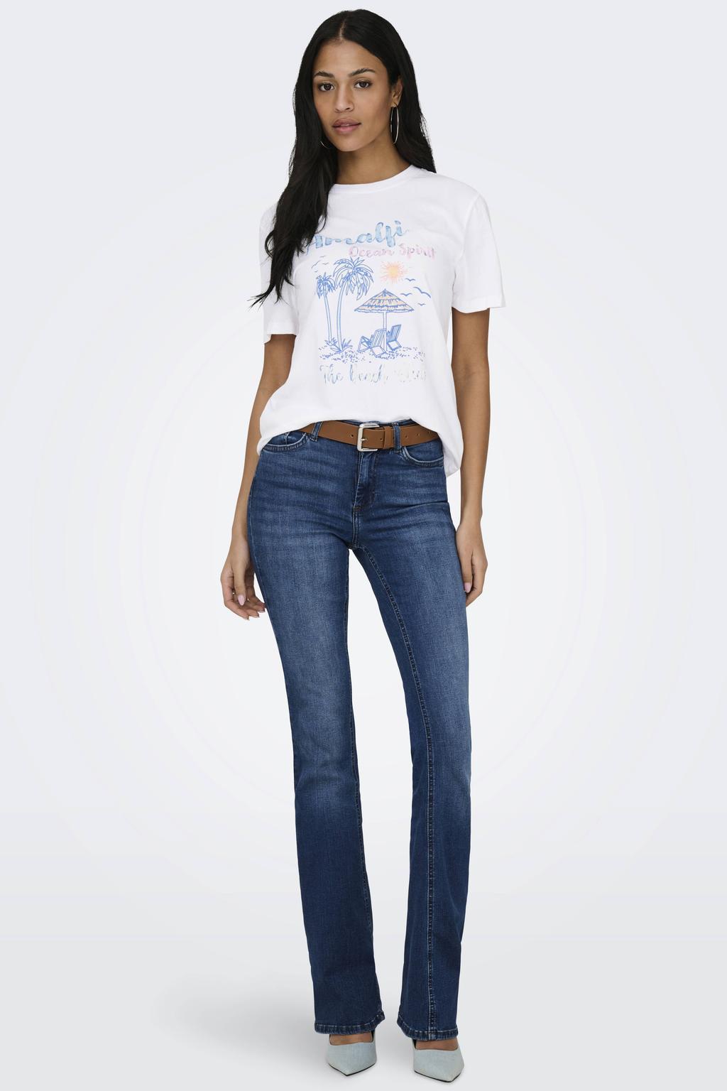 Wit en blauwe dames ONLY T-shirt van katoen met printopdruk, korte mouwen en ronde hals