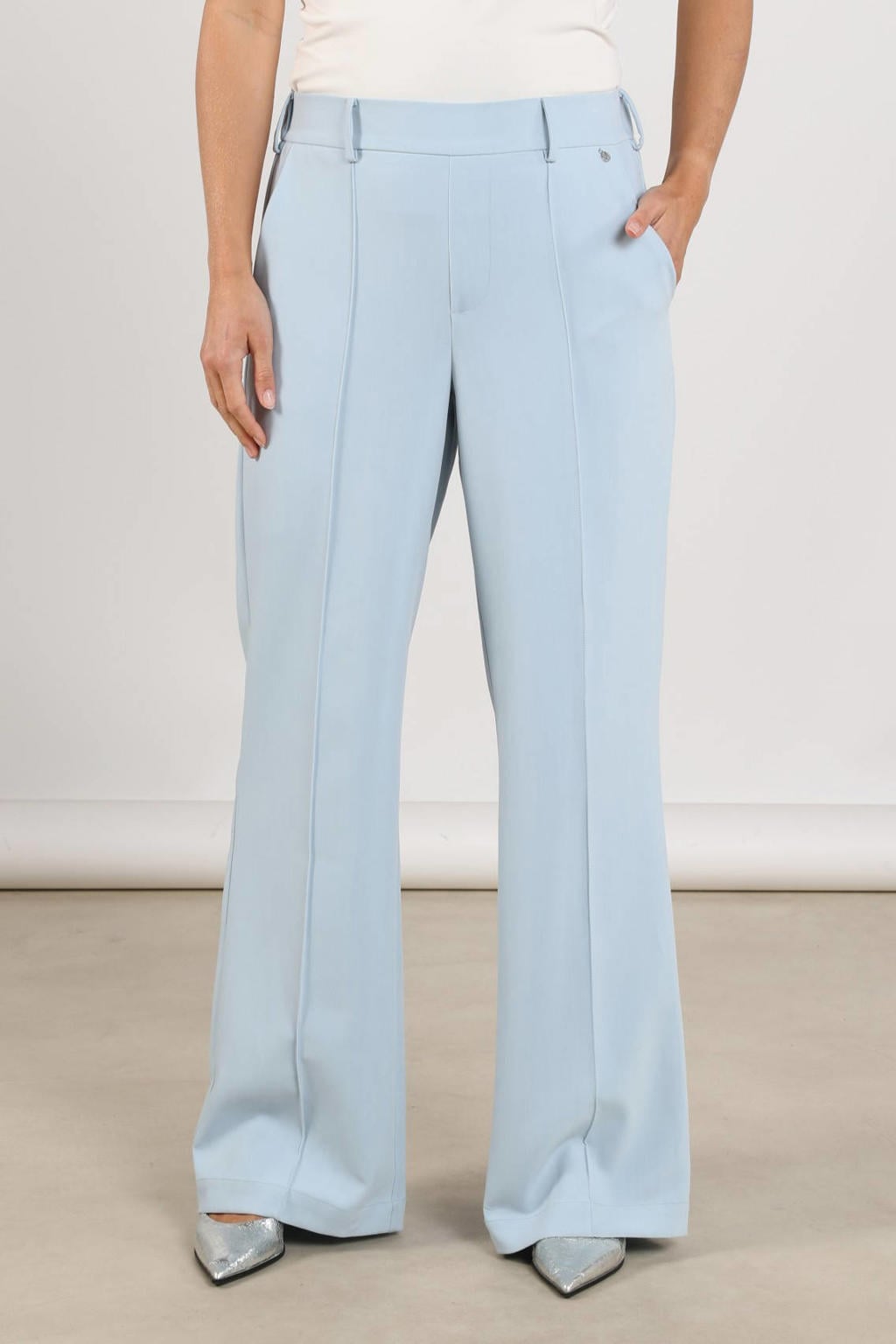 Lichtblauwe dames NUKUS wide leg high waist broek met effen