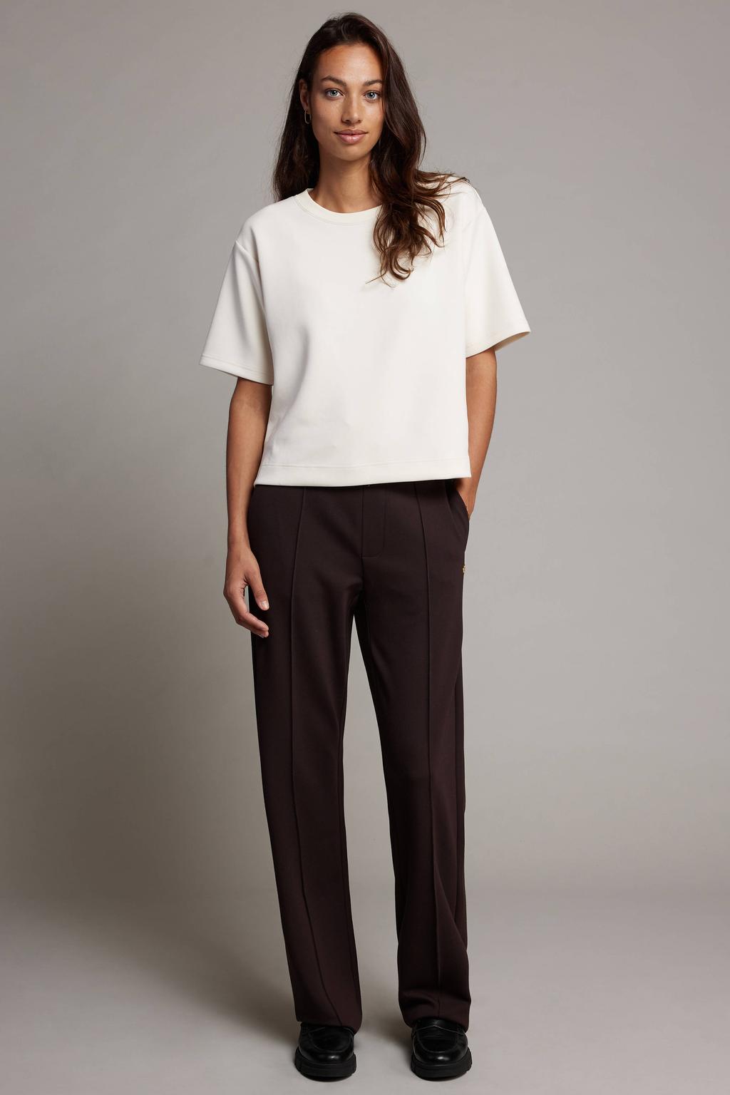 Donkerblauwe dames Pink Noir straight high waist broek van rayon met elastische tailleband met koord en effen