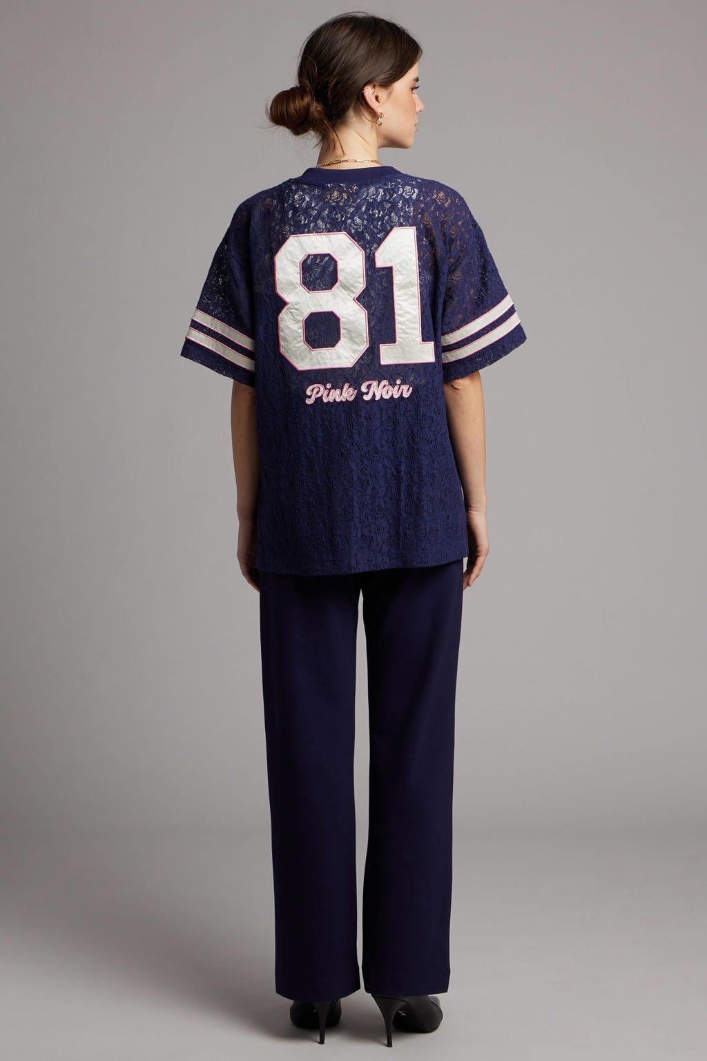 Donkerblauwe dames Pink Noir T-shirt van katoen met backprint, korte mouwen en ronde hals