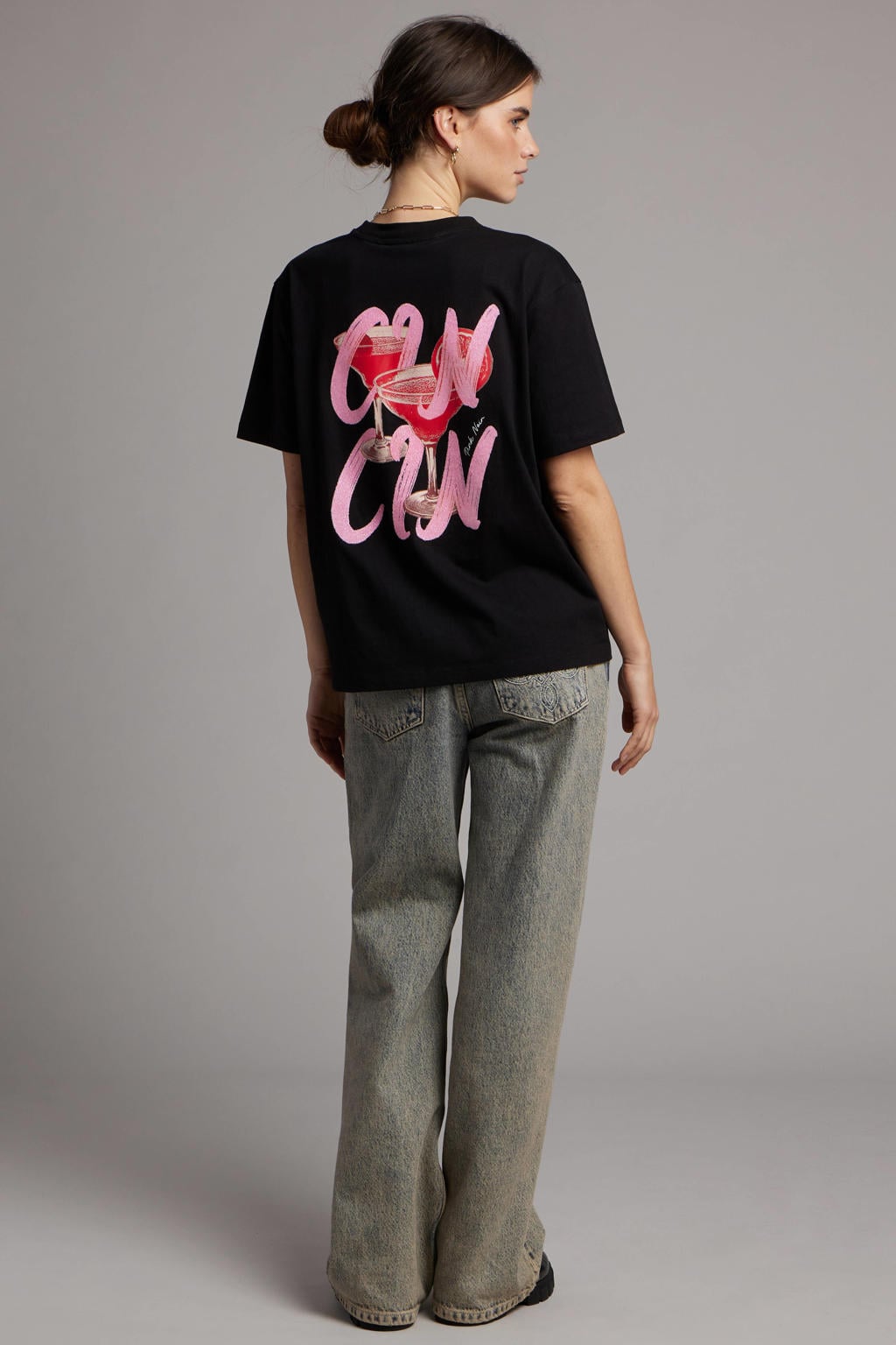 Zwarte dames Pink Noir T-shirt van katoen met backprint, korte mouwen en ronde hals