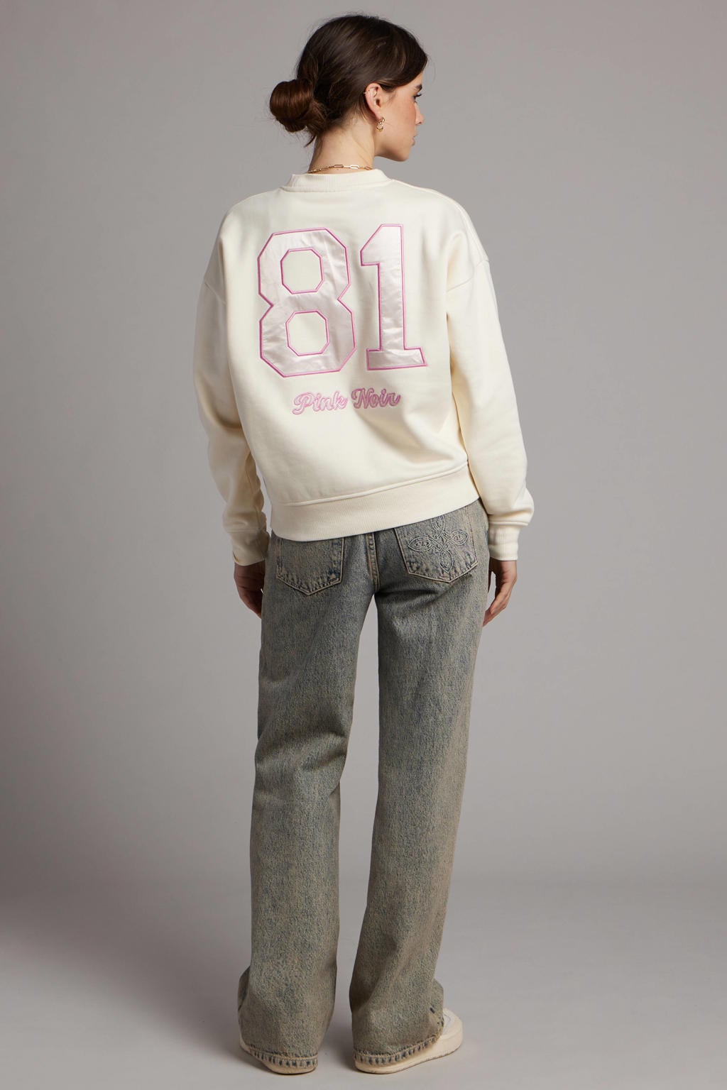 Witte dames Pink Noir sweater van katoen met backprint, lange mouwen en ronde hals