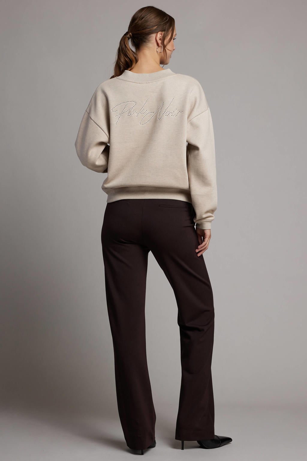 Beige dames Pink Noir sweater van katoen met logo dessin, lange mouwen en V-hals