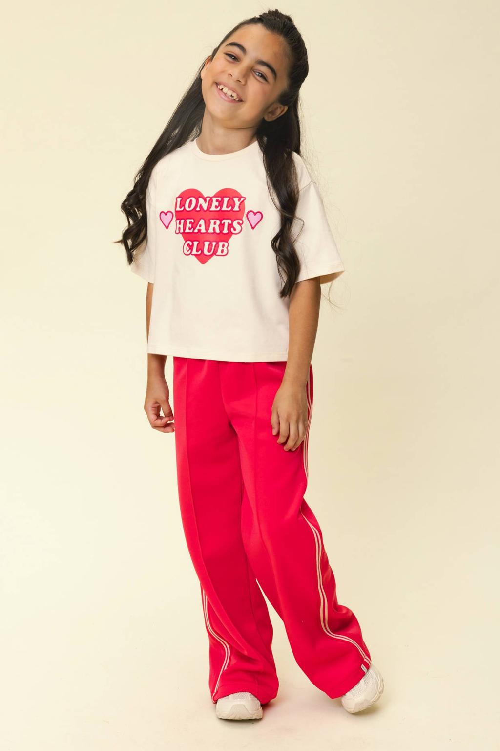 Ecru en roze meisjes LOOXS little T-shirt van stretchkatoen met printopdruk, half lange mouwen en ronde hals