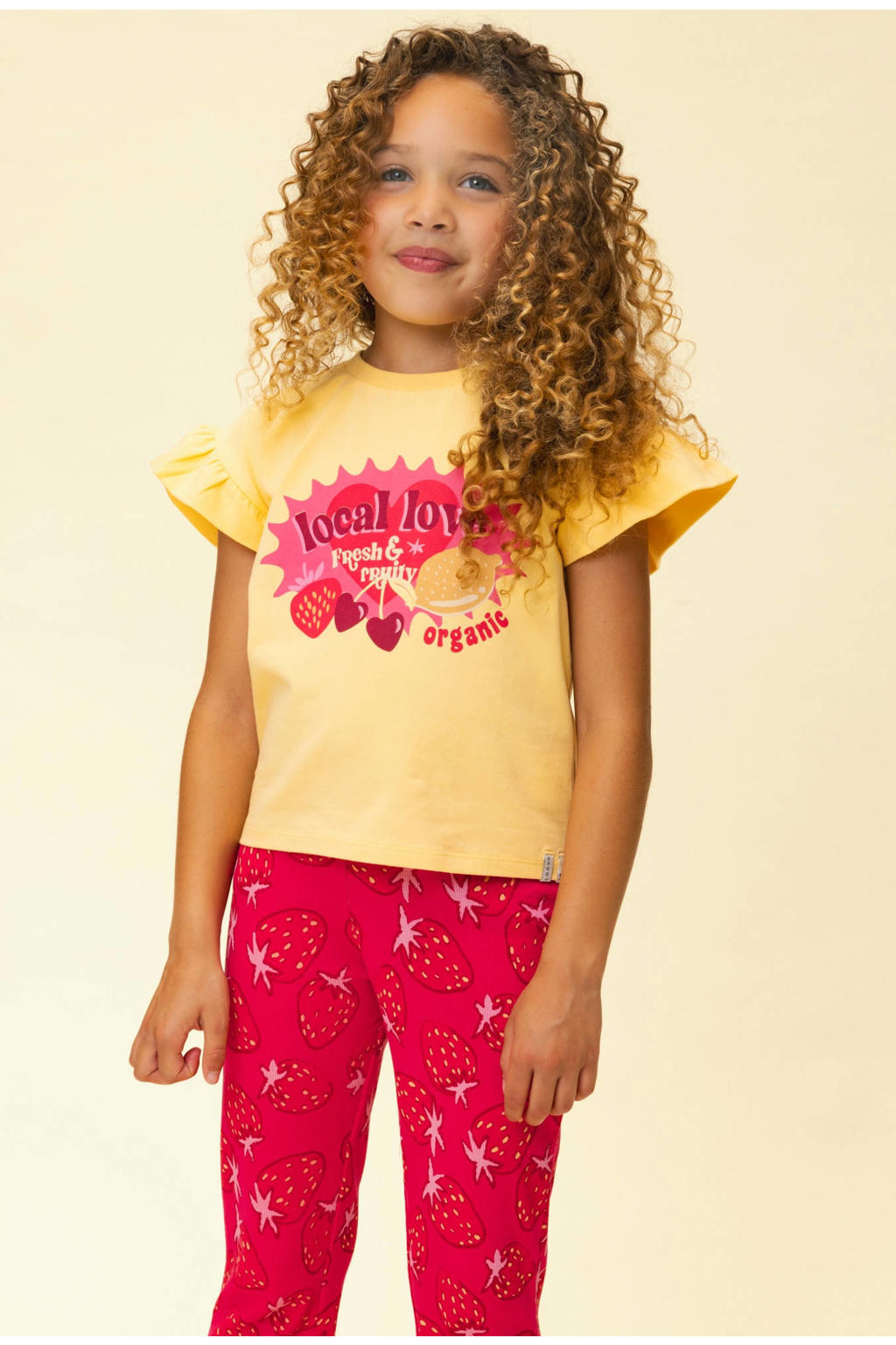 Gele meisjes LOOXS little T-shirt van stretchkatoen met printopdruk, korte mouwen, ronde hals en ruches