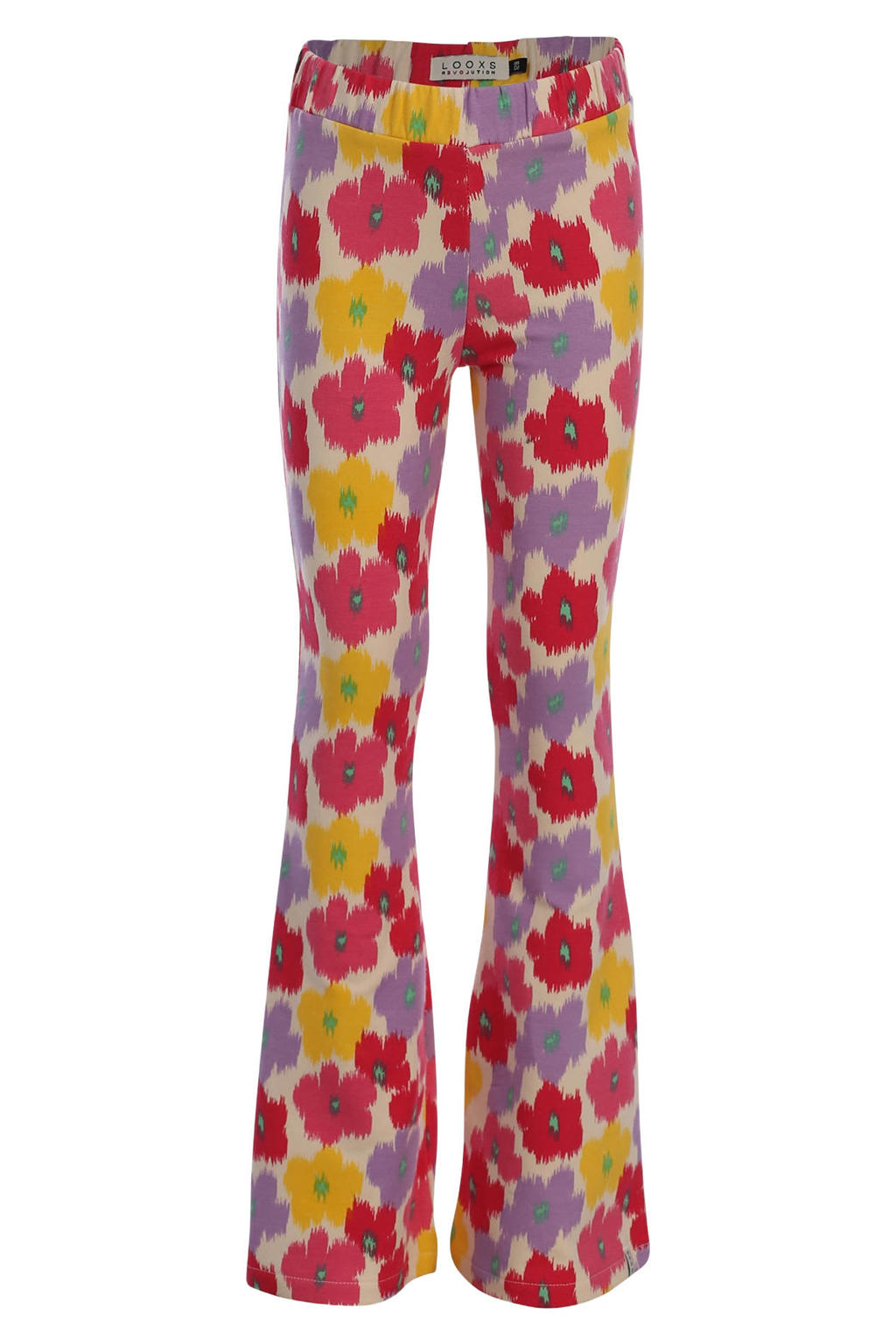 Rood, paars en gele meisjes LOOXS little regular waist gebloemde flared broek van stretchkatoen met elastische tailleband