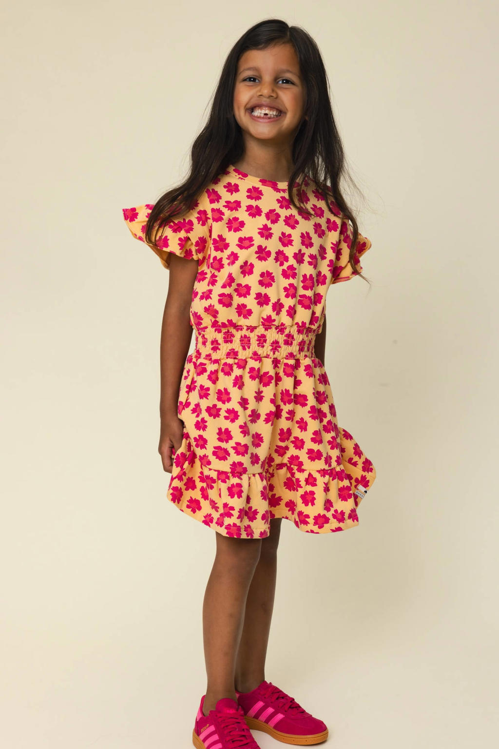 Roze meisjes LOOXS little gebloemde sweatjurk van stretchkatoen met korte mouwen, ronde hals en elastische boord