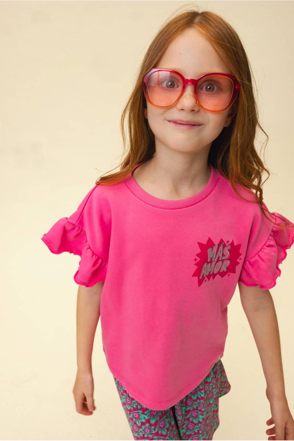 Roze meisjes LOOXS little jersey T-shirt met printopdruk, korte mouwen, ronde hals en ruches
