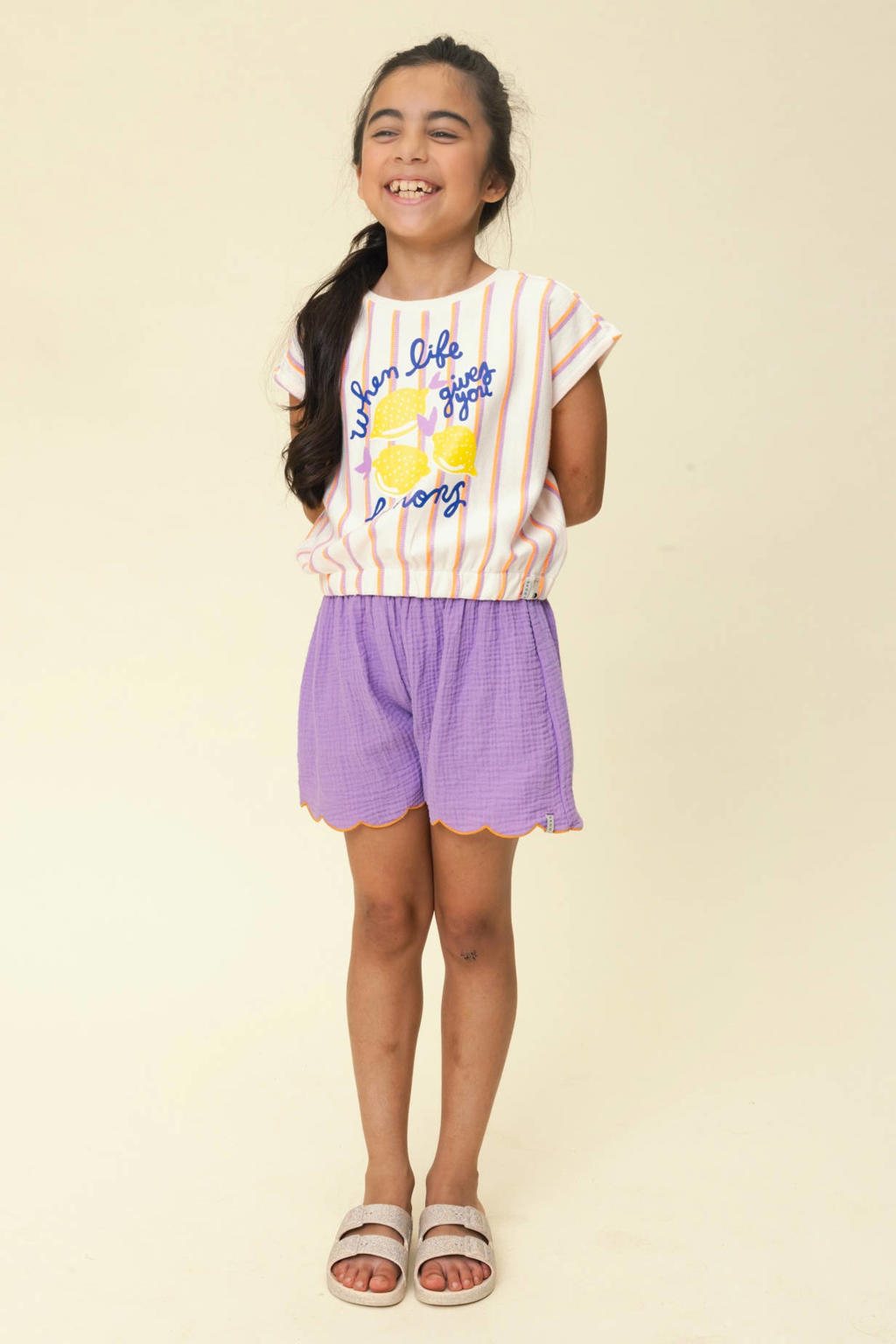 Roze en witte meisjes LOOXS little gestreept T-shirt van badstof met printopdruk, korte mouwen, ronde hals en elastische boord