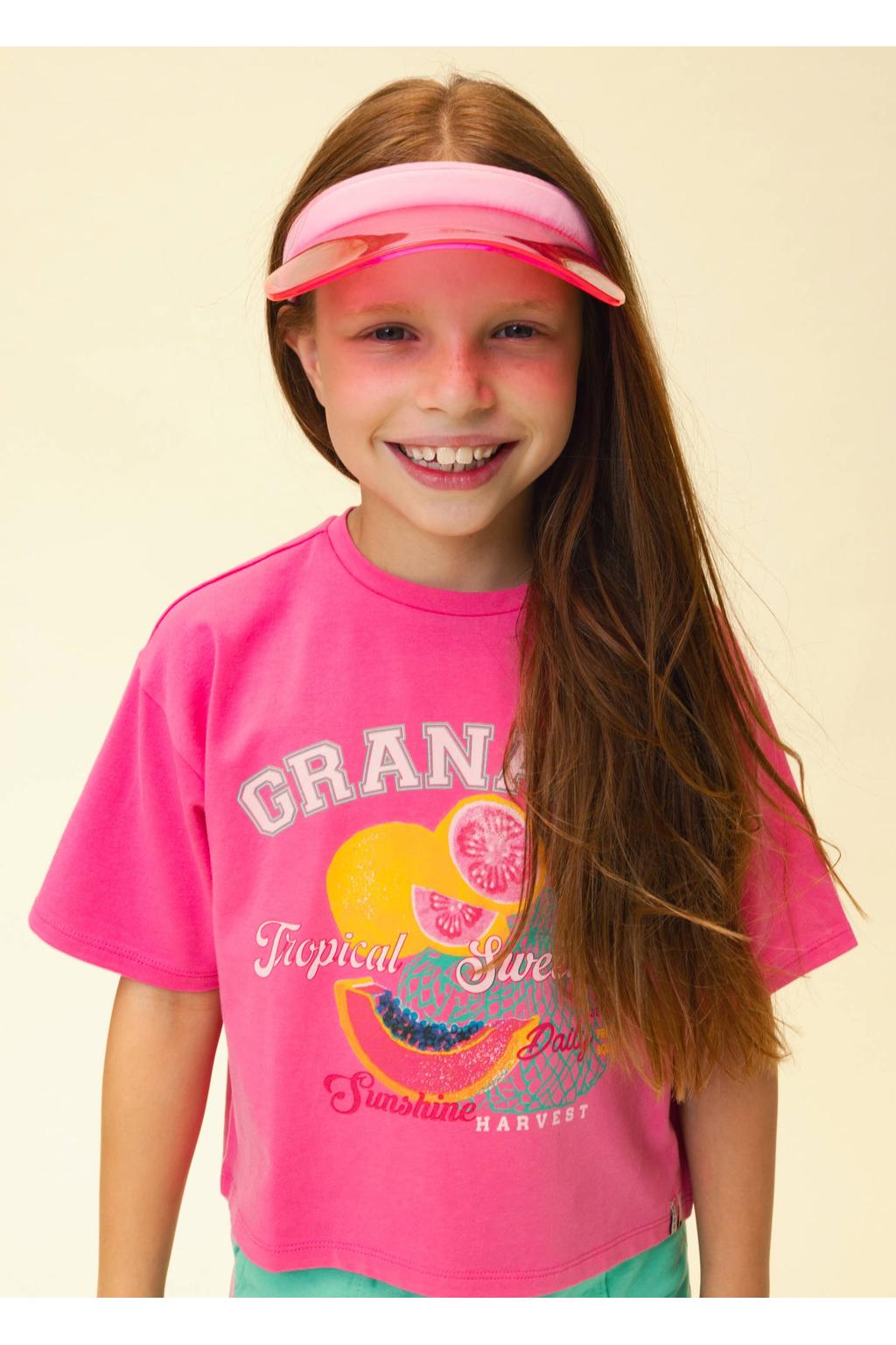 Roze meisjes LOOXS little T-shirt van stretchkatoen met printopdruk, korte mouwen en ronde hals