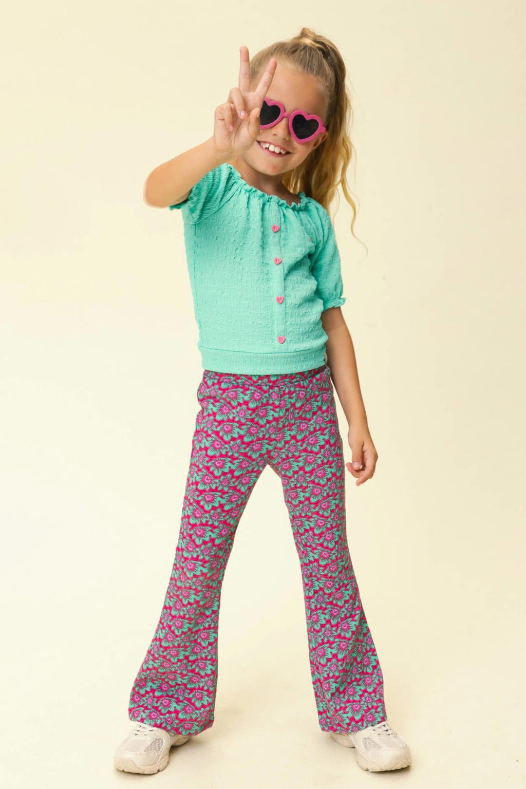 Paars en groene meisjes LOOXS little regular waist flared broek van polyester met elastische tailleband